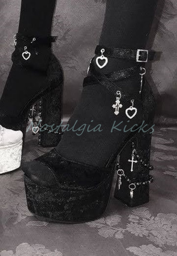 Sandal Strappy Heeled - القوطية الأسود المخملية منصة صنادل عالية