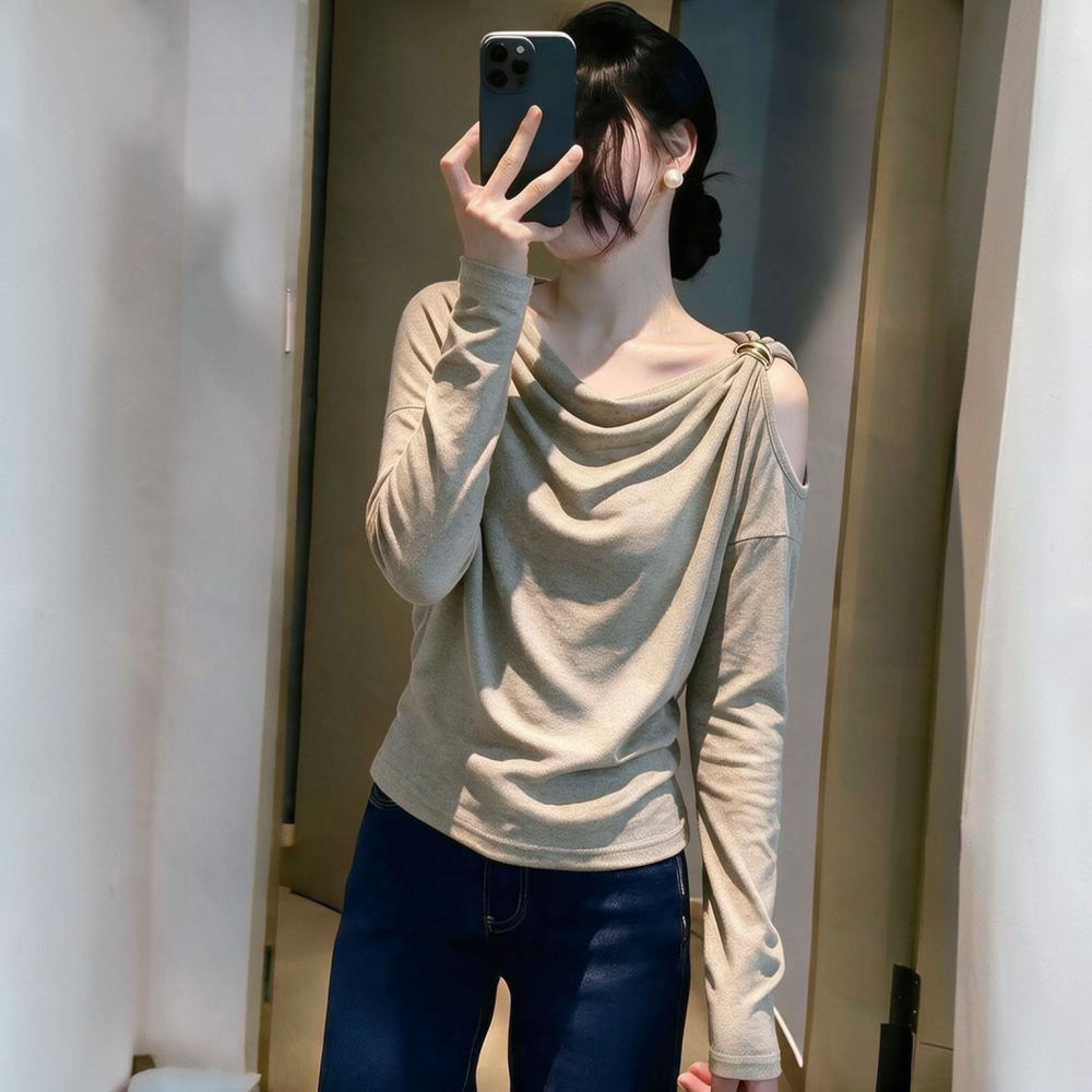 Blouse Off Shoulder - بلوزة نسائية بأكمام طويلة وقصة ضيقة،