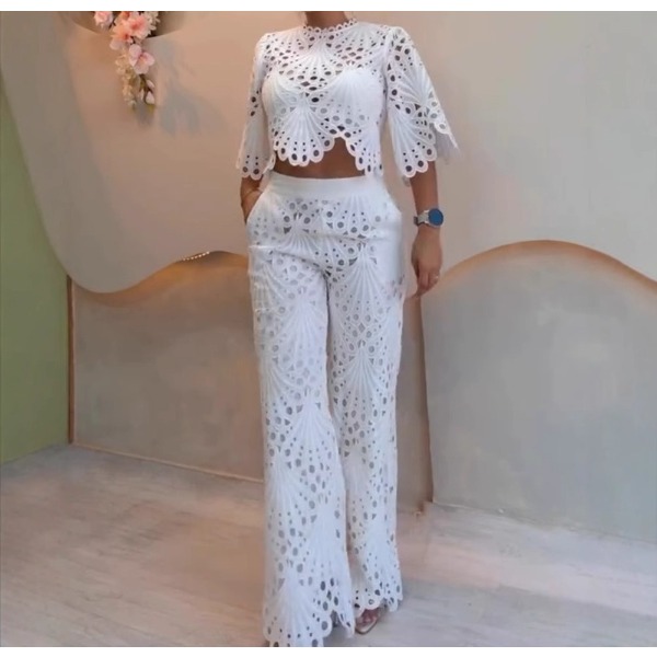 2 قطع الزي امرأة صيف جديد 2025 - مراجعة Crop Top Crochet وسعره